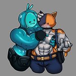 abs anthro belt big_muscles blue_body blush bottomwear clothed clothing duo fingerless_gloves glistening glistening_body gloves grey_background handwear male male/male mottled muscular muscular_male open_mouth pants pec_grab pecs piebald simple_background smile suspenders topless sketchylimesliv epic_games fortnite meowscles rippley_(fortnite) calico_cat domestic_cat felid feline felis goo_creature goo_humanoid humanoid mammal 1:1 2022 hi_res