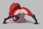 2021 anthro anus ass_up bent_over bent_over_with_legs_held_straight big_breasts black_hair bodily_fluids breast_rest breast_squish breasts butt canid canine carmine_(foxovh) digital_media_(artwork) digitigrade dipstick_tail downward_dog dripping female fox foxovh fur genital_fluids genitals grey_background hair jack-o'_pose looking_at_viewer looking_back lying mammal markings multicolored_tail navel nipples nude on_front pose presenting presenting_hindquarters presenting_pussy pussy pussy_juice_drip raised_tail rear_view red_body red_fur shaded simple_background solo spread_legs spreading squish tail tail_markings vaginal_fluids yellow_eyes