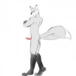 anthro barefoot biped black_body black_fur black_nose cheek_tuft crossed_arms dipstick_tail erection eyewear facial_tuft feet fur genitals glasses grey_body grey_fur grey_tail heterochromia long_tail looking_at_viewer male markings multicolored_body multicolored_fur multicolored_tail nude penis pink_penis side_view simple_background snout solo standing tail tail_markings tuft two_tone_tail white_background white_body white_fur white_tail tabibito kouga_talbain canid canine canis fox hybrid mammal wolf 1:1 2011 full-length_portrait hi_res portrait traditional_media_(artwork)