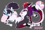 anthro black_body black_fur black_hair black_nose blue_body blue_eyes blue_fur blue_nipples blue_pussy claws duo erect_nipples female female/female fur fur_markings genitals hair long_hair long_tail markings multicolored_body multicolored_fur multicolored_hair multicolored_nipples nipples paws pillow pussy scissors simple_background simple_coloring tail tattoo tribal tribal_tattoo white_body white_fur dharmony leyla_katzend felid humanoid mammal pantherine prehistoric_species saber-toothed_tiger tiger 3:2 hi_res