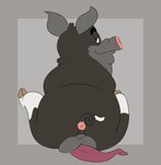 animal_genitalia animal_penis anus balls black_body black_fur butt curled_tail erection eyebrows fur genitals grey_background half-closed_eyes hooves legs_up looking_at_viewer looking_back looking_back_at_viewer male multicolored_body narrowed_eyes overweight overweight_male penis porcine_penis raised_tail rear_view rounded_ears simple_background sitting smile smiling_at_viewer smirk smirking_at_viewer snout solo spread_legs spreading tail tail_anus thick_eyebrows bob-jiggles 20th_century_fox disney housebroken max_(housebroken) berkshire_pig domestic_pig mammal suid suine sus_(pig) absurd_res hi_res