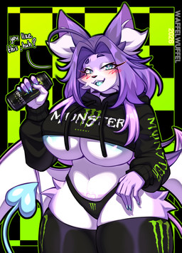 anthro big_breasts breasts female solo thick_thighs waffelwuffel_oc waffelwuffel monster_energy felid feline mammal succubus hi_res