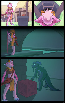ambiguous_gender anthro armor bag bottomwear climbing_down climbing_ladder clothing duo hiding ladder loincloth looking_down male melee_weapon scabbard scarf sword water weapon wood queenrupti cotton_le_sergal_(character) deer goo_creature mammal absurd_res comic hi_res