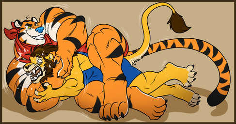 anthro asphyxiation biceps big_muscles blue_nose border bottomwear chokehold choking clothing countershading duo fur headlock kerchief male male/male markings mascot muscular muscular_male open_mouth orange_body orange_fur pecs sharp_teeth shorts smile tail teeth wrestling wrestling_singlet yellow_border neodokuro frosted_flakes kellogg's tony_the_tiger felid lion mammal pantherine tiger 2013