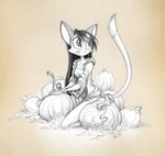 anthro breasts brown_background clothed clothing dipstick_tail female food fruit fur hair markings plant pumpkin simple_background solo tail tail_markings david_lillie dreamkeepers lilith_calah domestic_cat felid feline felis mammal hi_res