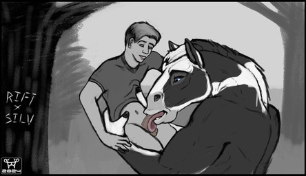 age_difference anthro anthro_penetrated ball_lick balls blue_eyes bottomless bottomless_human bottomless_male casual_nudity casual_sex clothed clothing duo fellatio genitals holding_hips holding_wrist human_on_anthro human_penetrating human_penetrating_anthro humanoid_genitalia humanoid_penis interspecies larger_anthro larger_male licking looking_pleasured male male/male male_anthro male_human male_penetrated male_penetrating male_penetrating_anthro male_penetrating_male mature_anthro mature_male navel older_anthro older_male older_penetrated oral outside oversized_oral penetration penile penis penis_lick selective_coloring sex size_difference size_play smaller_human smaller_male tongue tongue_on_balls tongue_out tongue_out_fellatio younger_human younger_male wolfywetfurr_(artist) beast_world between_worlds wild_life infinite rift_silverwater silv_(wolfywetfurr) belgian_draft_horse draft_horse equid equine horse human kerpali mammal black_and_white hi_res monochrome