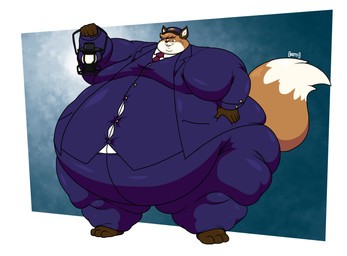 3_toes 5_fingers accessory anthro arms_bent barefoot belly big_belly big_moobs blue_bottomwear blue_clothing blue_pants blue_topwear blue_vest bottomwear brown_ears brown_eyes brown_hands button_(fastener) chubby_cheeks clothed clothed_anthro clothed_male clothing conductor double_chin eyebrow_through_hair eyebrows fangs fat_arms fat_legs feet fingers fluffy fluffy_tail fog fully_clothed fully_clothed_anthro fully_clothed_male fur hair hand_on_hip hand_on_own_hip happy holding_lantern holding_object huge_belly huge_thighs lamp lantern male male_anthro moobs morbidly_obese morbidly_obese_anthro morbidly_obese_male multicolored_body multicolored_fur necktie obese obese_anthro obese_male open_mouth open_smile orange_hair orange_tail overweight overweight_anthro overweight_male pants pink_tongue red_necktie short_hair smile solo standing tail teeth thick_thighs thin_eyebrows three-quarter_view toes tongue topwear translucent translucent_hair two_tone_tail vest white_body white_dress_shirt white_fur white_inner_ear wide_hipped_anthro wide_hipped_male batspid2 canid canine fox mammal 2026 cel_shading colored digital_drawing_(artwork) digital_media_(artwork) english_description hi_res shaded signature