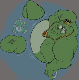 anthro belly claws clenched_teeth crown crown_only headgear headgear_only implied_nudity jewelry jewelry_only male male_anthro mostly_nude overweight overweight_male partially_submerged solo teeth water ttrashcatt mario_bros nintendo wart_(mario) amphibian frog hi_res