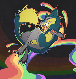 anthro fangs fur green_body green_fur grey_body grey_fur happy lgbt_pride male pawpads paws pride_colors smile solo tail tail_tuft teeth tuft yellow_body yellow_fur mr_gretto brom_(sahurus) sergal colorful_theme hi_res