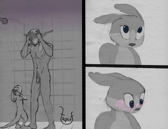 anthro bathing blush blush_lines body_hair duo flaccid genitals hair happy_trail humanoid_genitalia humanoid_on_anthro humanoid_penis humanoid_pointy_ears interspecies male male/male multicolored_hair muscular muscular_male penis pointy_ears shower showering showering_together shy size_difference voyeur washing_hair tapixt jak_and_daxter naughty_dog sony_corporation sony_interactive_entertainment daxter jak_(jak_and_daxter) humanoid hybrid mammal mustelid ottsel hi_res