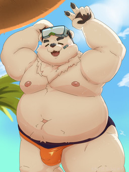 anthro beach belly bulge clothing eyebrows fur male moobs navel nipples overweight pupils slit_pupils solo thick_eyebrows thong underwear white_body white_fur benjidjango06 xxl_woofia paul_the_polar_bear bear mammal polar_bear ursine 3:4 hi_res