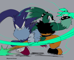 after_transformation anthro arm_grab belly black_clothing black_shirt black_topwear blue_arms blue_belly blue_body blue_eyes blue_fluff blue_fur blue_inner_ear bottomwear bracelet claws cleats clothed clothed_anthro clothed_female clothing dodging duo fangs female fight footwear fully_clothed fully_clothed_anthro fully_clothed_female fur green_arms green_body green_claws green_eyes green_fluff green_fur hair jewelry male pants ponytail quills_(anatomy) red_clothing red_footwear red_shoes sharp_teeth shirt shoes slashing smile smirk spiked_bracelet spiked_hairband spikes stretchy teeth topwear transformed_clothing yellow_bottomwear yellow_clothing yellow_footwear yellow_pants yellow_shoes quavernsfw idw_publishing sega sonic_the_hedgehog_(comics) sonic_the_hedgehog_(idw) sonic_the_hedgehog_(series) sonic_unleashed sonic_the_werehog surge_the_wererec eulipotyphlan mammal werecreature wereeulipotyphlan werehog wererec guide_lines hi_res sketch