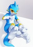 anthro blue_body claws feet fin foot_focus lying male nude on_back orange_eyes paws simple_background smooth_skin soles solo tail toes fishy_fizz mythology aquatic_dragon dragon marine mythological_creature mythological_scalie scalie digital_media_(artwork) hi_res