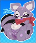 anthro anus balls belly big_anus big_butt black_hands black_paws blush bodily_fluids border butt claws countershading cute_fangs dotted_background dripping fangs feet flaccid genital_fluids genitals grey_body huge_butt huge_thighs male markings outline pattern_background penis precum precum_drip purple_eyes red_scarf scarf short_stack simple_background small_feet small_penis solo striped_markings striped_tail stripes sweat sweatdrop tail tail_markings teeth text thick_thighs tongue tuft white_border white_outline wide_hips goatboydraws indigo_park rambley_raccoon mammal procyonid raccoon english_text hi_res