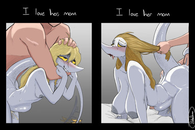 5_fingers abstract_background ahegao anthro anthro_penetrated areola arm_around_neck arm_bite bed big_areola big_breasts big_butt bite blonde_hair bodily_fluids breast_size_difference breasts butt cum cum_in_vagina cum_inside curvy_figure dialogue doggystyle eyelashes faceless_character faceless_human faceless_male female female_on_human female_penetrated fingers freckled_breasts freckled_butt freckled_face freckled_legs freckled_shoulders freckled_tail freckles from_behind_position furniture genital_fluids grey_body grey_scales group hair hair_grab hourglass_figure huge_areola human_on_anthro human_penetrating human_penetrating_anthro human_penetrating_female interspecies leaking leaking_cum light-skinned_male light_body light_skin long_tail looking_pleasured male male/female male_on_anthro male_penetrating male_penetrating_anthro male_penetrating_female mature_anthro mature_female nipples nude nude_anthro nude_female nude_human nude_male on_bed penetration penile penile_penetration penis_in_vagina scales sex smile snout sweat sweatdrop tail tail_motion tail_tuft tailwag teeth text thick_thighs touching_hair trio tuft vaginal vaginal_penetration voluptuous voluptuous_anthro voluptuous_female white_eyes wide_hipped_anthro wide_hipped_female wide_hips yellow_sclera gonzalo_costa ratherdevious third-party_edit cavemanon_studios puppet_pals snoot_game judee tarja_(snoot_game) dinosaur human mammal prehistoric_species reptile saurischian scalie theropod troodon troodontid 2026 absurd_res colored digital_media_(artwork) english_text hi_res watermark daughter_(lore) mother_(lore) mother_and_child_(lore) mother_and_daughter_(lore) parent_(lore) parent_and_child_(lore) parent_and_daughter_(lore)