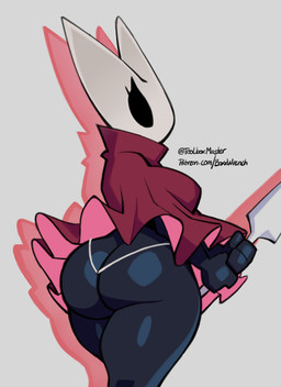 anthro big_breasts big_butt black_body black_eyes breasts butt cloak cloak_only clothing empty_eyes female grey_background holding_object holding_weapon pink_cloak pink_clothing rear_view simple_background solo thick_thighs thong underwear weapon white_body white_clothing white_thong white_underwear wide_hips boxx_wrench hollow_knight_(franchise) team_cherry hornet_(hollow_knight) arthropod insect absurd_res hi_res