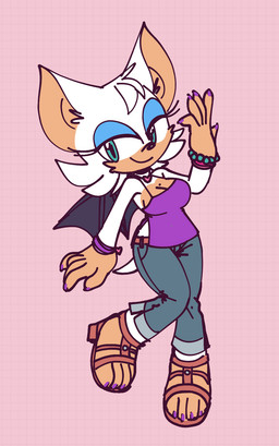 anthro bat_wings belt big_breasts big_ears biped black_nose blue_eyeshadow bottomwear bracelet breasts cheek_tuft cleavage clothed clothing colored_nails denim denim_bottomwear denim_clothing eyeshadow facial_tuft feet female footwear fur geometric_background green_eyes grid_background head_tuft heart_necklace jeans jewelry makeup markings membrane_(anatomy) membranous_wings mole_(marking) mole_on_breast nails pants pattern_background pink_background purple_nails purple_toenails sandals shirt shoes simple_background smile solo speech_bubble tan_body tan_fur toenails toes topwear tuft white_body white_fur wings fuel_(artist) sega sonic_the_hedgehog_(series) rouge_the_bat bat mammal 2026 hi_res