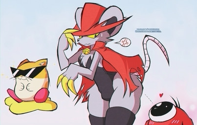 anthro blush bodily_fluids cape clothing cross-popping_vein femboy fur grey_body grey_fur group hairless_tail hat headgear headwear heart_symbol legwear male rat_tail simple_background solo_focus speech_bubble sweat sweatdrop tail thick_thighs thigh_highs trio white_background wide_hips daxterado kirby_(series) nintendo daroach rick_(kirby) cricetid hamster mammal mouse murid murine rodent waddle_doo