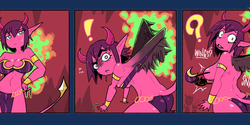 armlet bodily_fluids bottomwear bra breasts brown_body brown_feathers butt clothing crotch_lines exclamation_point eyelashes feathers female green_eyes growth horn humanoid_pointy_ears loincloth long_eyelashes not_furry open_mouth pink_body pointy_ears question_mark simple_background solo surprsied sweat tail torn_clothing underwear wing_growth wings darkhatboy demon demon_humanoid humanoid 2020 absurd_res alpha_channel comic digital_media_(artwork) hi_res