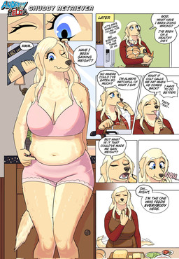 anthro apron belly big_breasts blonde_hair blue_eyes bra breasts burger_bun cheese cleavage clothed clothing cutlery dairy_products dialogue eating fangs female food fur groceries hair kitchen_utensils measuring_scale pink_bra pink_clothing pink_underwear slightly_chubby slightly_chubby_anthro slightly_chubby_female solo speech_bubble spoon tail tail_motion tailwag tan_body tan_fur teeth text tools underwear weighing_scale weight_conscious nx_wildkongo bird_dog canid canine canis domestic_dog golden_retriever hunting_dog mammal retriever comic english_text hi_res