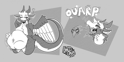 abdominal_bulge anthro belly bodily_fluids breasts burping burping_up_mask burping_up_object clenched_teeth digestion digestion_noises fangs feathers female fur gurgle_(sound_effect) half-closed_eyes hand_on_belly heart_symbol horn mask narrowed_eyes navel nude open_mouth raised_tail rumbling_stomach saliva saliva_on_tongue saliva_string smile soft_vore solo sound_effects spread_wings tail teeth text tongue tongue_out vore wings awoogasm mythology fan_character dragon furred_dragon furred_scalie mythological_creature mythological_scalie scalie 2021 signature