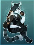 5_fingers ambiguous_gender anthro barefoot biped claws clothed clothing dipstick_tail duo eyewear feet female feral fingers glasses hair markings pawpads smile tail tail_markings whiskers coff naomi_(kersona) domestic_cat felid feline felis mammal hi_res