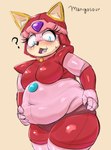 anthro armor belly big_belly big_breasts blue_eyes blush bodily_fluids breasts eyelashes female hand_on_belly headgear helmet long_eyelashes looking_down_at_self navel open_mouth overweight overweight_anthro overweight_female question_mark red_armor simple_background solo standing sweat tan_background text mangosour samurai_pizza_cats polly_esther domestic_cat felid feline felis mammal 2023 artist_name digital_media_(artwork)