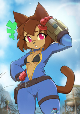 anthro belt bikini bikini_top black_bikini_top black_nose blurred_background breasts brown_hair cleavage clothed clothing eyebrow_through_hair eyebrows eyelashes female gun hair hand_on_hip handgun holster holstered_pistol jumpsuit looking_at_viewer mechanical_arm medium_breasts navel open_mouth outside pink_eyes pistol ranged_weapon short_hair solo standing swimwear text translucent translucent_hair two-piece_swimsuit vault_suit weapon sebasdono fallout gameoverse glitch_productions microsoft kit_bodega domestic_cat felid feline felis mammal 2026 absurd_res artist_name hi_res