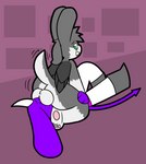 anthro balls balls_on_face big_ears clothed clothing duo facesitting genitals male male/male pawpads paws purple_body sitting_on_another grape_ad rotto_(mrrottson) stultus_(character) demon hybrid lagomorph leporid mammal rabbit absurd_res hi_res