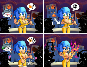 ambiguous_gender anthro between_breasts big_breasts breast_grab breasts camera cleavage clothed clothing cosplay crossgender electronics exhibitionism female genitals group hand_on_breast hand_on_own_breast microphone mtf_crossgender nipples public silhouette solo_focus undressing vulva missphase sega sonic_the_hedgehog_(series) teenage_mutant_ninja_turtles april_o'neil sonic_the_hedgehog canid canine canis domestic_dog eulipotyphlan hedgehog mammal comic digital_media_(artwork)