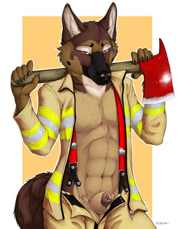 abs animal_genitalia animal_penis anthro axe balls brown_eyes canine_genitalia canine_penis clothing detached_sheath fire_axe firefighter fur genitals looking_at_viewer male melee_weapon navel penis penis_tip sheath simple_background solo tail turnout_gear uniform urethra_tip weapon truegrave9 canid canine canis domestic_dog german_shepherd herding_dog mammal pastoral_dog