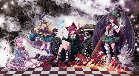 2_tails 3_eyes 4_ears accessory arm_cannon black_boots black_clothing black_footwear black_hair black_wings blue_clothing blue_shirt blue_topwear bone boots bottomwear bow_ribbon braided_hair checkered checkered_floor chest_eye clothing dress feathered_wings feathers female fire flaming_ears flaming_tail flower footwear green_bottomwear green_clothing green_dress green_eyes green_skirt group hair hair_accessory hair_bow hair_ribbon high_heels humanoid_pointy_ears long_hair looking_at_viewer multi_ear multi_eye multi_tail one_eye_closed pigtails pink_bottomwear pink_clothing pink_hair pink_skirt plant pointy_and_animal_ears pointy_ears purple_eyes red_eyes red_hair ribbons rose_(flower) shirt shoes sitting skirt skull smile standing tail topwear twin_braids twintails_(hairstyle) white_clothing white_shirt white_topwear wings yellow_clothing yellow_shirt yellow_topwear nikka_(cryptomeria) asian_mythology east_asian_mythology japanese_mythology mythology touhou koishi_komeiji rin_kaenbyou satori_komeiji utsuho_reiuji animal_humanoid avian avian_humanoid cat_humanoid felid felid_humanoid feline feline_humanoid humanoid mammal mammal_humanoid nekomata satori spirit winged_humanoid yokai 2013 hi_res