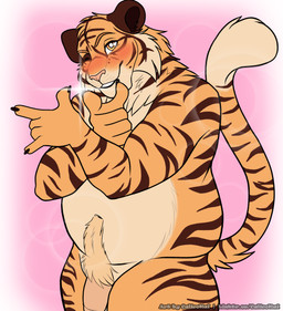 anthro belly biped blush body_hair brown_body brown_fur fingers flaccid front_view fur genitals gesture hand_gesture happy_trail humanoid_genitalia humanoid_hands humanoid_penis long_tail looking_at_viewer male markings navel nude_anthro nude_male one_eye_closed orange_body orange_eyes orange_fur overweight overweight_anthro overweight_male penis pink_background pointing pointing_at_viewer pubes simple_background smile solo standing striped_markings stripes tail tan_body tan_fur text wink winking_at_viewer calico_kai tennis_ace jun_kobayashi felid mammal pantherine tiger colored digital_media_(artwork) half-length_portrait hi_res portrait url watermark