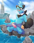 anthro balls blue_body blue_fur blush eye_patch eyewear fur genitals lighthouse male penis sea seaside solo tapering_penis water andyocelot nintendo pokemon spearmint_iv_the_dewott dewott generation_5_pokemon pokemon_(species) 4:5 absurd_res hi_res