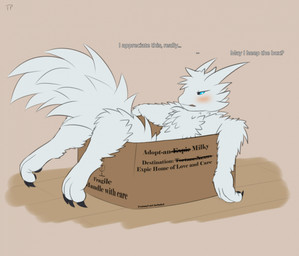3_fingers 3_toes ambiguous_gender anthro biped black_claws black_pawpads black_sclera blue_eyes blush box brown_background cardboard cardboard_box chest_tuft claws container feet fingers floor floorboards fur head_tuft humor inside inside_box open_mouth pawpads red_blush simple_background sitting sitting_in_box solo talking_to_viewer text toes tuft white_body white_fur wood wood_floor testowepiwko casualties:_unknown gunsaw aquatic canid canine canis gunsawian hybrid mammal milky_(casualties:_unknown) milky_(gunsawian) wolf 2026 colored digital_drawing_(artwork) digital_media_(artwork) english_text hi_res