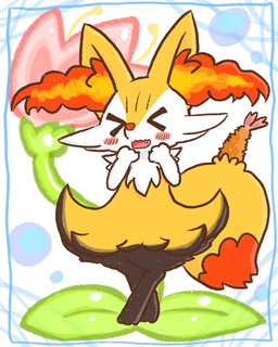>o< abstract_background ambiguous_anthro ambiguous_gender anthro biped blush cute_fangs digitigrade eyes_closed fangs flower food front_view nude_ambiguous nude_anthro object_in_tail open_mouth open_smile plant shrimp_(food) smile snout solo standing tail teeth annyui0611 nintendo pokemon braixen canid generation_6_pokemon mammal pokemon_(species) 2021 digital_drawing_(artwork) digital_media_(artwork) full-length_portrait japanese_description portrait translated_description
