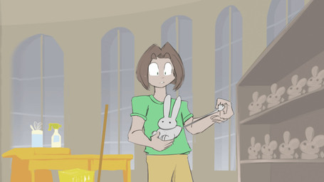 anthro big_breasts breasts buckteeth choker cleavage clothed clothing dress ear_piercing ear_ring eyelashes female gender_transformation hair human_to_anthro jewelry long_hair male mtf_transformation necklace open_mouth piercing pillar ring_piercing solo species_transformation surprised teeth transformation window tgwonder human lagomorph leporid mammal rabbit animated