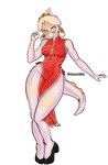 5_fingers anthro asian_clothing blonde_hair blush bone_frill breasts chinese_clothing chinese_dress clothed clothing crown curvy_figure dress ear_piercing ear_ring east_asian_clothing eyelashes eyewear female fingers footwear frill_(anatomy) glasses glistening glistening_body glistening_scales hair headgear high_heels long_tail looking_at_viewer multicolored_body multicolored_scales no_underwear orange_body orange_scales piercing pink_body pink_scales red_clothing red_dress ring_piercing scales shoes short_hair simple_background solo spiked_tail spikes spikes_(anatomy) tail teal_eyes text thick_thighs tiara two_tone_body two_tone_scales white_background dannoartista cavemanon_studios goodbye_volcano_high snoot_game naomi_(gvh) dinosaur hadrosaurid ornithischian ornithopod parasaurolophus prehistoric_species reptile scalie 2025 absurd_res artist_name digital_drawing_(artwork) digital_media_(artwork) hi_res signature