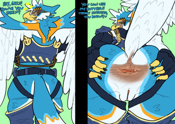 animal_genitalia anthro anus bedroom_eyes butt clothed clothing dialogue genital_slit genitals hand_on_butt looking_at_viewer looking_back looking_back_at_viewer male narrowed_eyes offscreen_male presenting presenting_anus presenting_hindquarters seductive skimpy solo spread_anus spreading text wings drstrangeluvve dion_(anothereidos_r) accipitrid accipitriform avian bird eagle english_text hi_res