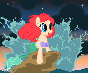 alternate_species blue_eyes bra clothing cutie_mark cutlery detailed_background eyebrows eyelashes eyeshadow female fin fish_tail fork green_eyeshadow green_tail hair kitchen_utensils long_hair makeup melee_weapon mermaid_tail on_style parody polearm ponification red_hair seashell_bra solo split_form star style_emulation tail tail_fin tools toony underwear water weapon unknown_artist disney european_mythology greek_mythology hasbro my_little_pony mythology the_little_mermaid_(1989) ariel_(disney) aquatic equid equine fish hippocampus horse mammal merfolk pony crossover