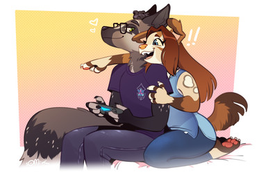 anthro biped black_body black_clothing black_markings black_nose black_shirt black_topwear bottomwear brown_body brown_hair brown_markings claws closed_smile clothed clothing controller countershade_face countershading dipstick_tail duo eyebrows eyewear facial_markings female fingerless_(marking) game_controller gaming gesture glasses gloves_(marking) grey_bottomwear grey_clothing grey_pants hair hand_gesture head_markings head_tuft holding_controller holding_game_controller holding_object long_hair looking_at_another male male/female markings mouth_closed multicolored_body muzzle_(marking) open_mouth open_smile pants pawpads pink_nose playing_video_game pointing shirt simple_background smile snout snout_markings tail tail_markings teeth toe_claws tongue topwear tuft two_tone_body white_body white_markings somik dashik_(ulitochka) canid canine canis domestic_dog fox mammal 2021