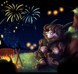 black_body bottomwear campfire chest_tuft clothed clothing cooking detailed_background fire fireworks food group hug lamp lantern loincloth male mane meat night outside sitting sky_lantern tuft genshin_impact mihoyo hilichurl mitachurl hi_res