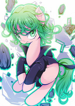 alternate_species clothing destruction female feral green_eyes green_hair hair long_hair looking_at_viewer ponification rock solo cbreturn hasbro my_little_pony one-punch_man one_(manga) tatsumaki earth_pony equid equine horse mammal pony 2015 crossover