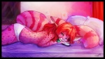 anthro bar_phone bed black_border blue_eyes border cellphone clothed clothing electronics female furniture hair heart_symbol looking_at_viewer phone red_hair solo tail topless tazara lumaria genet mammal viverrid 16:9 2010 digital_media_(artwork) pink_theme wallpaper widescreen