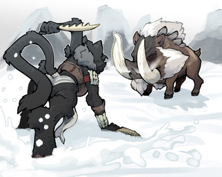 ambiguous_gender bandeau big_breasts black_body black_fur breasts brown_bandeau brown_body brown_clothing brown_fur brown_topwear clothed clothed_female clothed_humanoid clothing dagger duo female feral fur holding_dagger holding_melee_weapon holding_object holding_weapon hooves melee_weapon multicolored_body multicolored_fur red_eyes snow tail topwear tusks two_tone_body two_tone_fur weapon white_body white_fur thevarking capcom monster_hunter animal_humanoid bullfango cat_humanoid felid felid_humanoid feline feline_humanoid humanoid mammal mammal_humanoid primatius suid suine sus_(pig) wild_boar 2026 hi_res