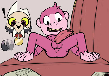 3_toes anterior_nasal_aperture anthro anthro_on_anthro anus asymmetrical_horns balls big_penis black_body black_fur bone broken_horn collar duo exclamation_point fangs feet foreskin fur furniture genitals grey_background half-erect horn humanoid_genitalia humanoid_penis looking_down lying male male/male mostly_nude multicolored_body multicolored_fur nude on_back on_sofa open_mouth penis pink_balls pink_body pink_eyes pink_fur pink_penis presenting presenting_anus retracted_foreskin simple_background skull skull_head sofa solo_focus spread_legs spreading tail tail_motion tailwag teeth toes tusks two_tone_body two_tone_fur white_horn yellow_sclera young young_anthro thekingbros disney the_owl_house king_clawthorne snaggleback_(the_owl_house) canid canid_demon canine demon haplorhine mammal monkey primate titan_(the_owl_house)