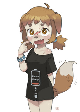 anthro black_clothing black_shirt black_topwear blush bodily_fluids brown_hair clothing cute_fangs facial_scar fangs female hair pigtails scar shirt simple_background solo suggestive sweat t-shirt tail tail_motion tailwag teeth topwear white_background young young_anthro young_female possummachine shepherdy_(possummachine) canid canine canis domestic_dog mammal absurd_res hi_res