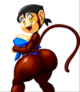 anthro big_butt biped blue_clothing breasts bubble_butt butt clothed clothed_anthro clothed_female clothing eyelashes female female_anthro huge_butt nipple_outline open_mouth pupils simple_background smile solo thick_thighs thong three-quarter_view underwear white_background yellow_eyes tansau haplorhine mammal monkey primate 2025