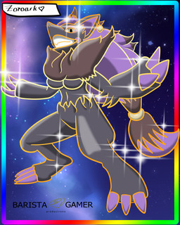 anthro border breasts female gold_(metal) hair light multicolored_border nebula overlay_layer pose rainbow_border sky smile smiling_at_viewer solo sparkles thick_lineart under_boob baristagamerproductions nintendo pokemon generation_5_pokemon pokemon_(species) shiny_pokemon zoroark 4:5 absurd_res alternate_version_at_source hi_res lighting shaded