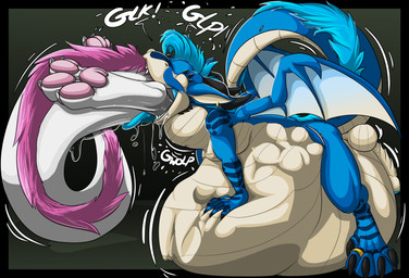 abdominal_bulge almost_fully_inside anthro balls black_claws black_horn blue_body blue_hair blue_mane blue_scales blue_tongue bulge claws digit_ring duo ear_piercing eyes_closed feet feral genitals glk hair head_first horn jewelry male male/male male_prey mane oral_vore pawpads paws_in_maw paws_outside penis piercing pink_mane pink_pawpads predator/prey prey_imprint ring scales size_difference smaller_pred swallowing tail_outside tan_body tan_chest toe_ring toes tongue ventral_scales vore white_body wings derilect_(artist) mythology drembonaarkrah nylla dragon mythological_creature mythological_scalie scalie absurd_res hi_res